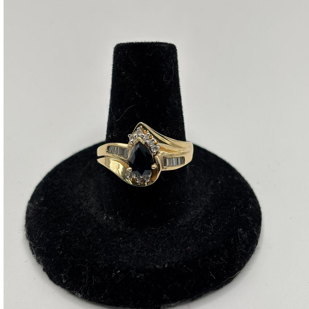 14K Solid Yellow Gold Pear Blue Sapphire Diamond Cocktail Ring Size 7 #78150